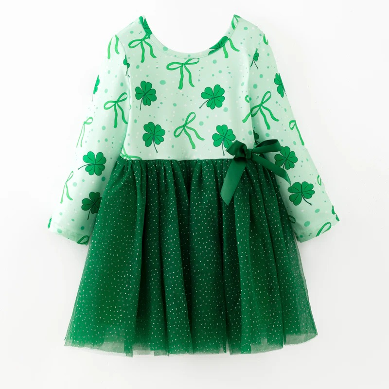 Baby Girls Green Bow Clovers St Patrick Knee Length Dresses Preorder