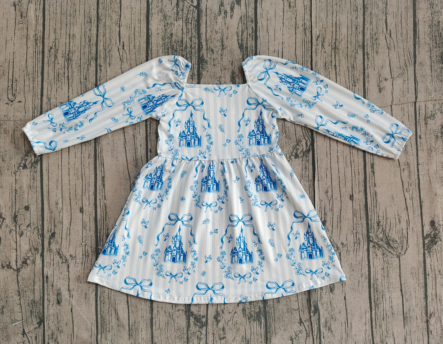 Baby Girls Blue Stripe Bows Castles Knee Length Dresses