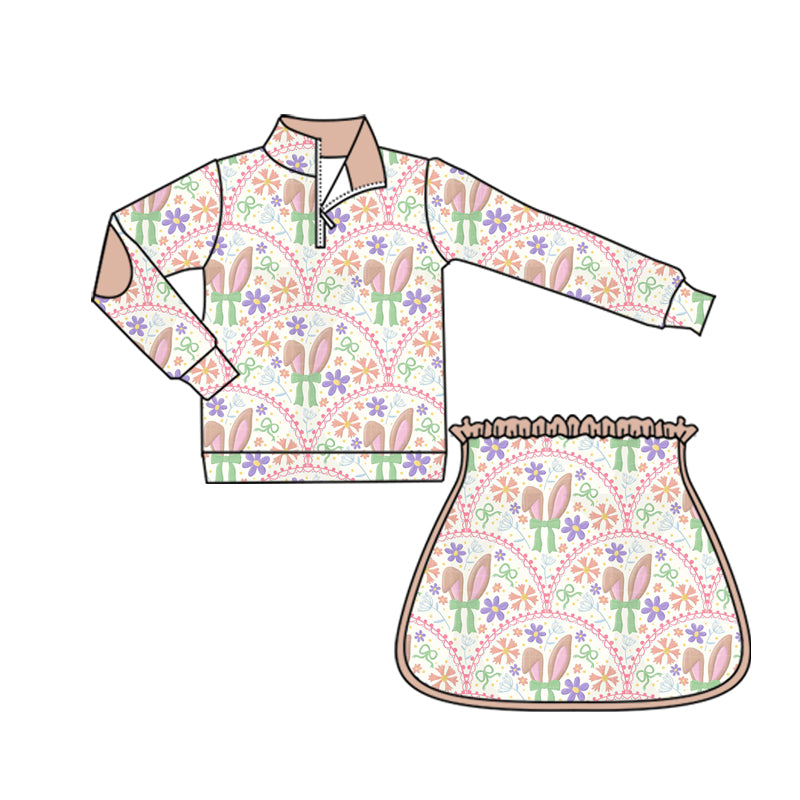 Baby Girls Bow Rabbits Flowers Zip Pullover Skirt Short Easter Yoga Active Clothes Sets Preorder