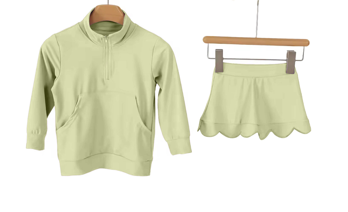 Baby Girls Green Zip Pockets Pullovers Scallop Skirt Short Yoga Active Clothes Sets Preorder