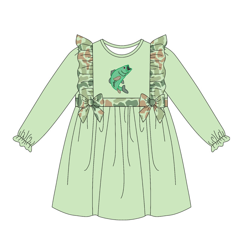Baby Girls Long Sleeve Green Camo Fish Hunting Knee Length Dresses Preorder