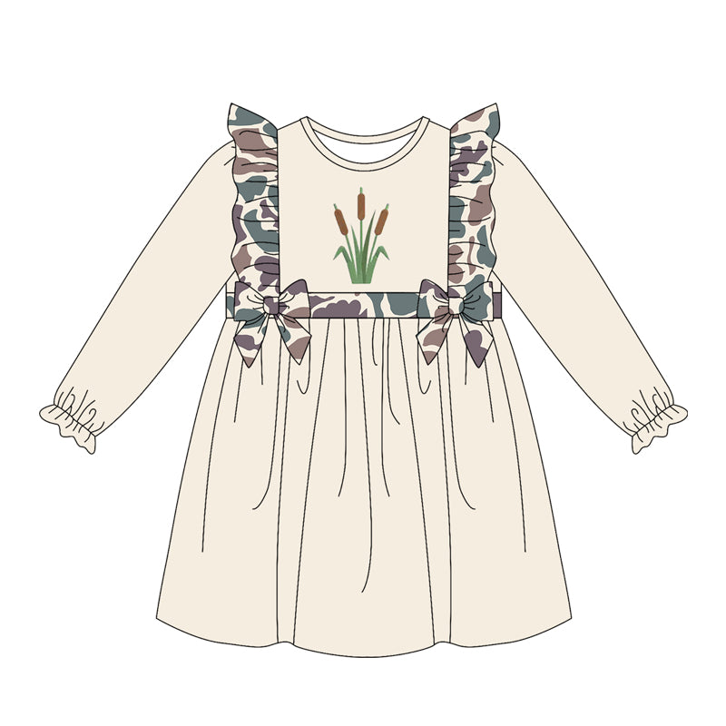 Baby Girls Long Sleeve Brown Camo Water Plants Knee Length Dresses Preorder