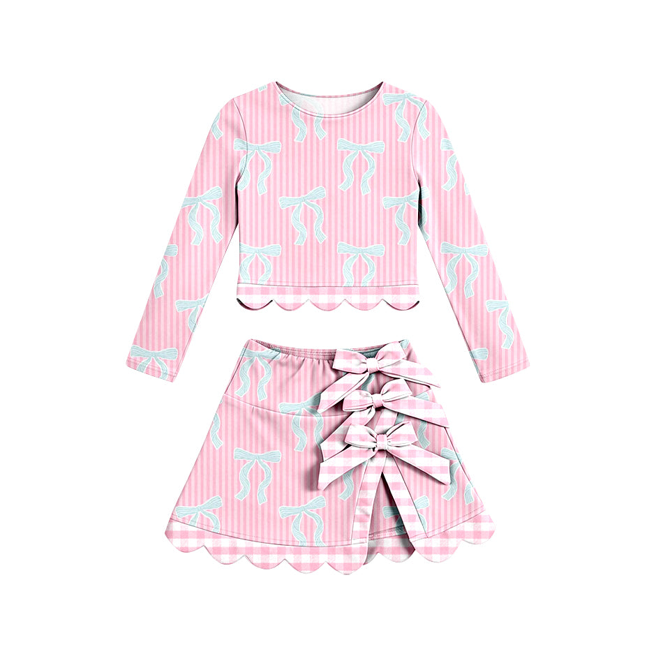 Baby Girls Pink Stripe Bows Top Short Skirt Yoga Active Scallop Clothes Sets Preorder