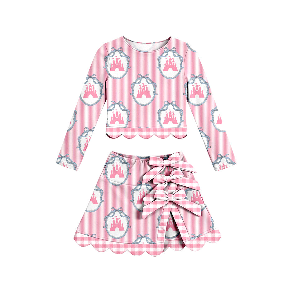 Baby Girls Pink Stripe Castles Top Short Skirt Yoga Active Scallop Clothes Sets Preorder