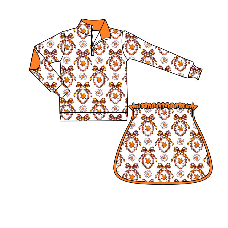 Baby Girls Long Sleeve Bows Leaves Zip Pullovers Skirt Short Fall Clothes Sets Preorder