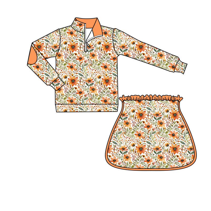 Baby Girls Long Sleeve Flowers Zip Pullovers Skirt Short Fall Clothes Sets Preorder