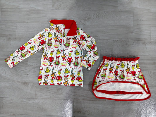 Baby Girls Green Face Frogs Gifts Zip Top Skirt Short Christmas Clothes Sets Preorder