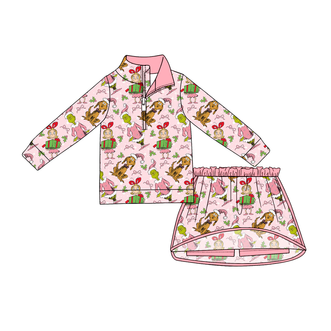 Baby Girls Green Face Frogs Gifts Zip Top Skirt Short Christmas Clothes Sets Preorder