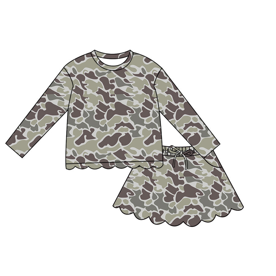 Baby Girls Long Sleeve Southern Grey Camo Scallop Top Skirt Short Clothes Set Preorder