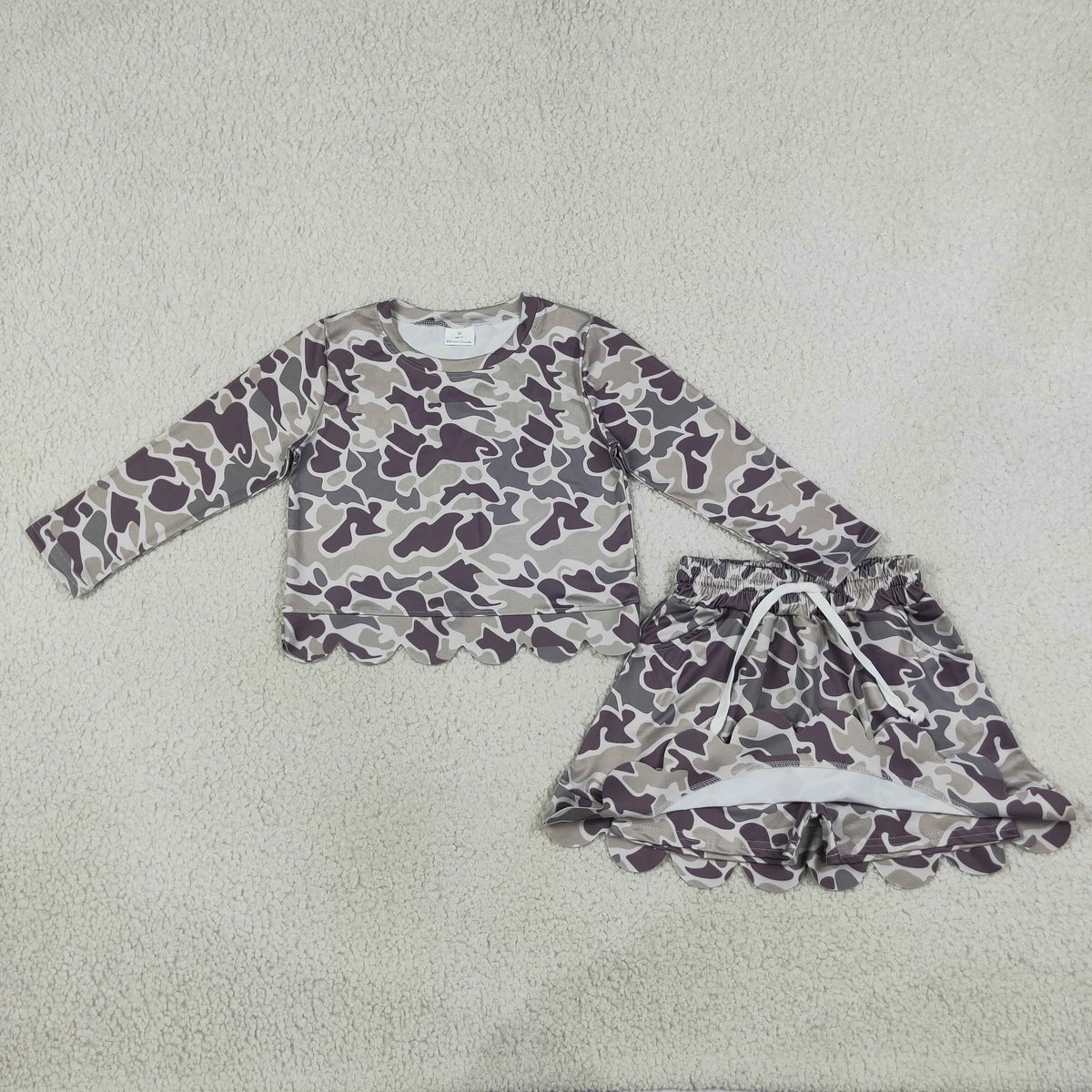 Baby Girls Long Sleeve Southern Grey Camo Top Skirt Short Scallop Clothes Set