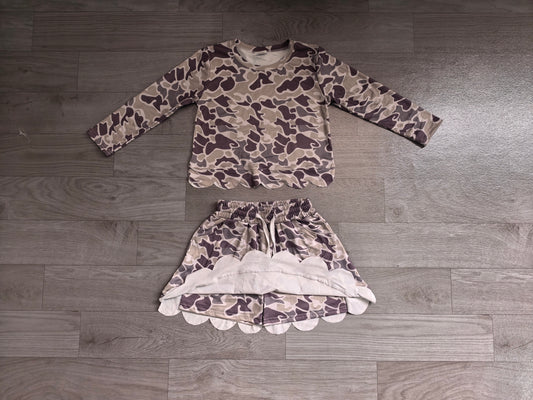 Baby Girls Long Sleeve Southern Grey Camo Scallop Top Skirt Short Clothes Set Preorder