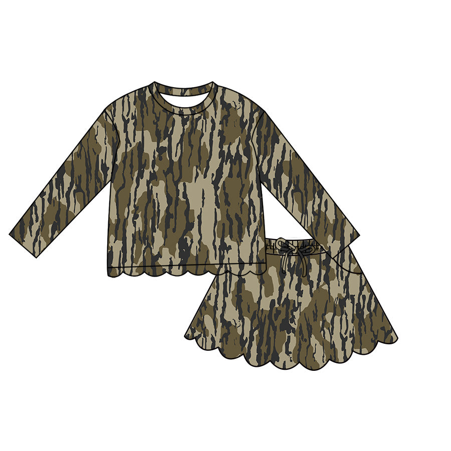 Baby Girls Long Sleeve Southern Olive Camo Scallop Top Skirt Short Clothes Set Preorder