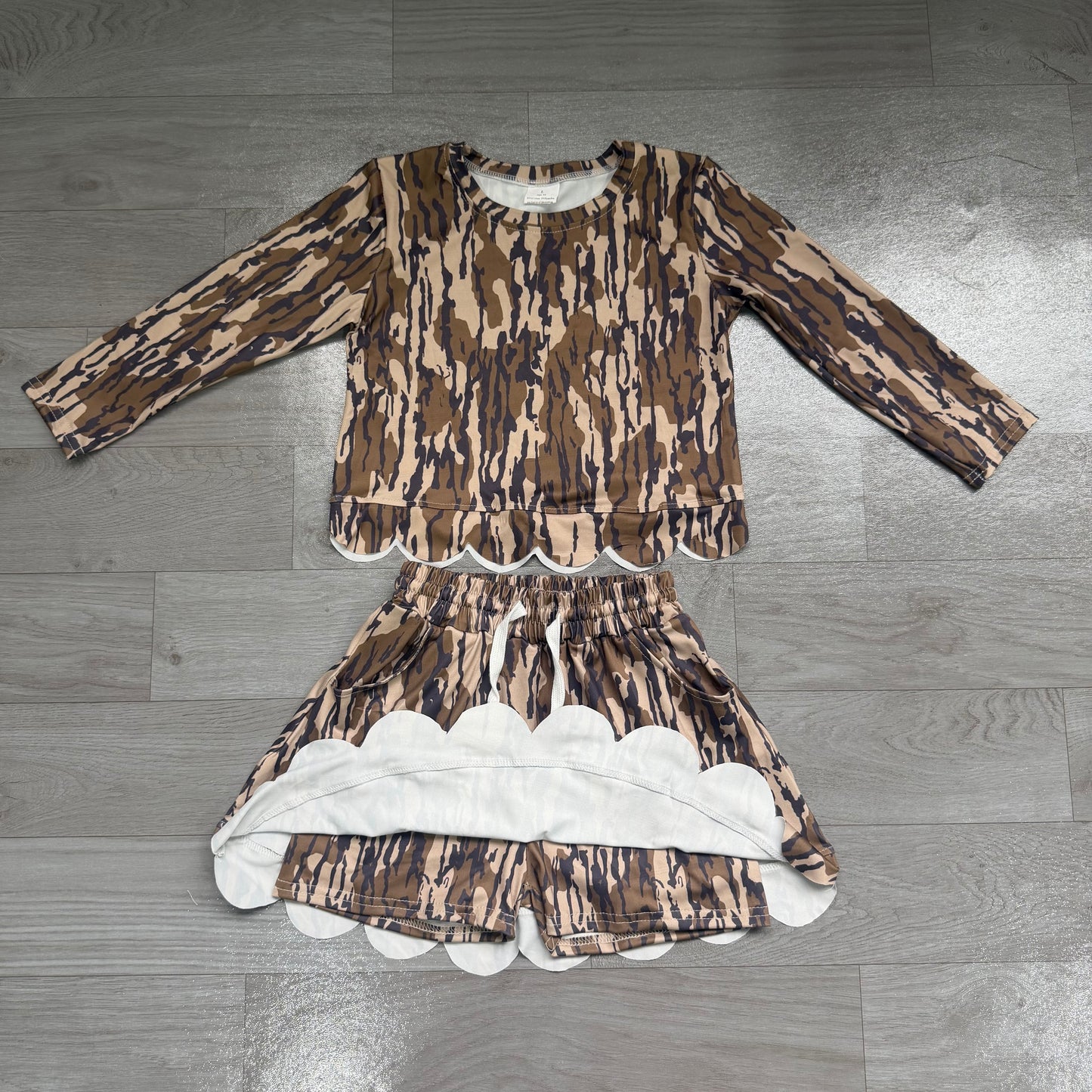 Baby Girls Long Sleeve Southern Wood Camo Top Skirt Short Scallop Clothes Set