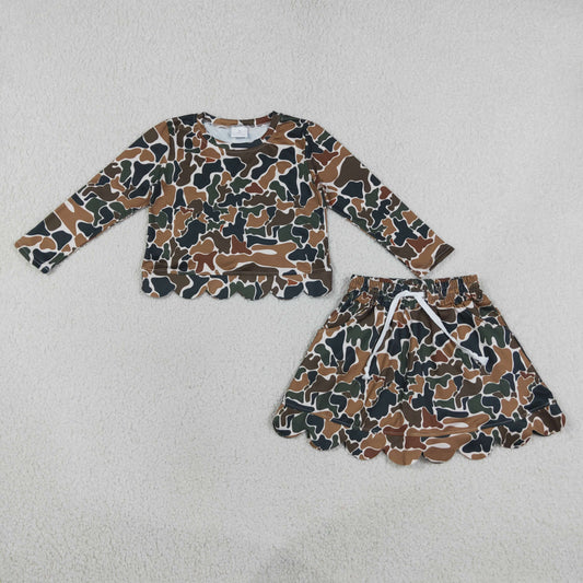 Baby Girls Long Sleeve Dark Brown Camo Top Skirt Short Scallop Clothes Set