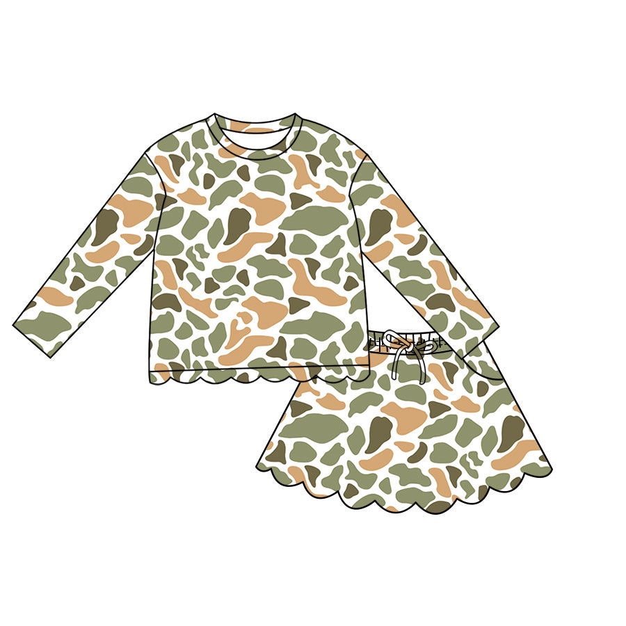 Baby Girls Long Sleeve Southern Yellow Camo Scallop Top Skirt Short Clothes Set Preorder