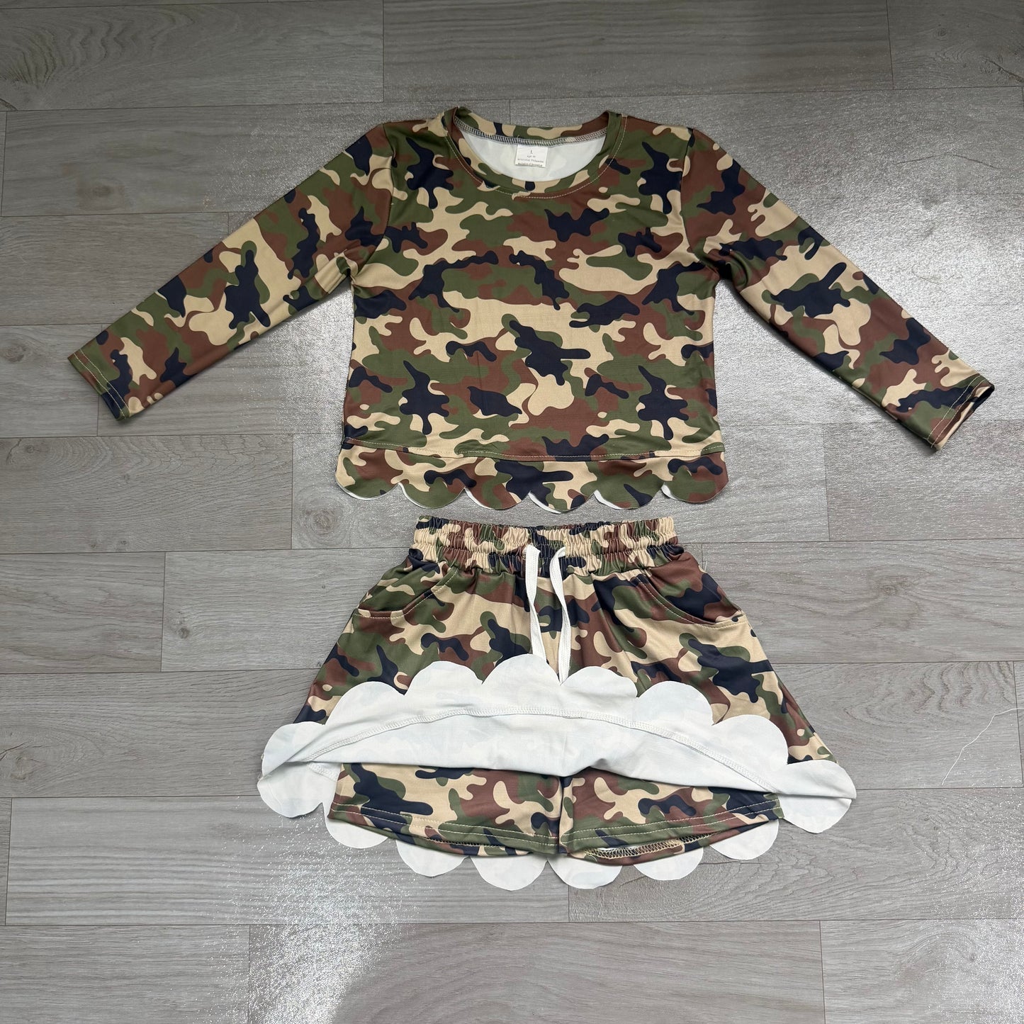 Baby Girls Long Sleeve Southern Green Camo Top Skirt Short Scallop Clothes Set