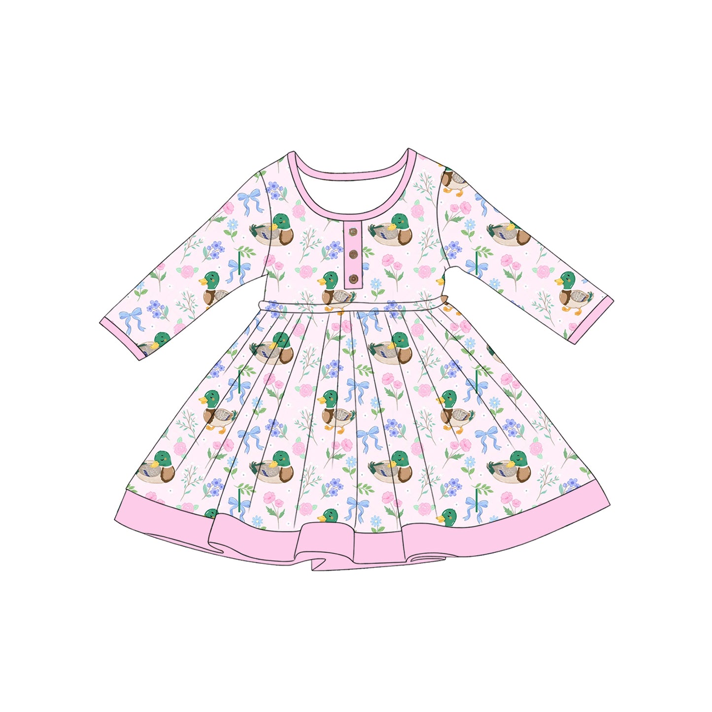 Baby Girls Long Sleeve Flowers Ducks Button Hunting Knee Length Dresses Preorder
