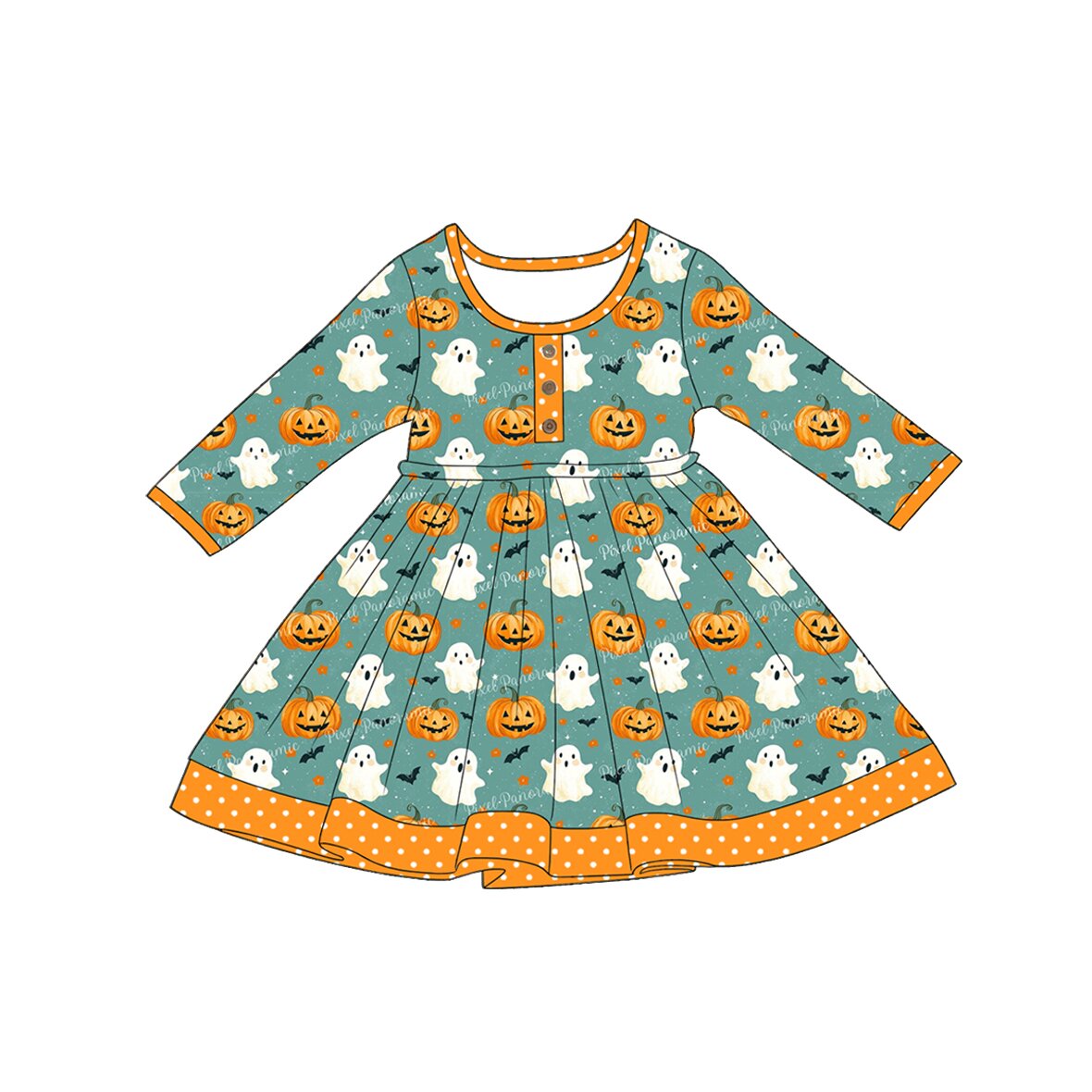 Baby Girls Long Sleeve Ghost Pumpkins Button Halloween Knee Length Dresses Preorder
