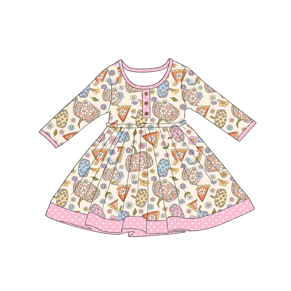 Baby Girls Long Sleeve Flowers Pumpkins Button Fall Knee Length Dresses Preorder