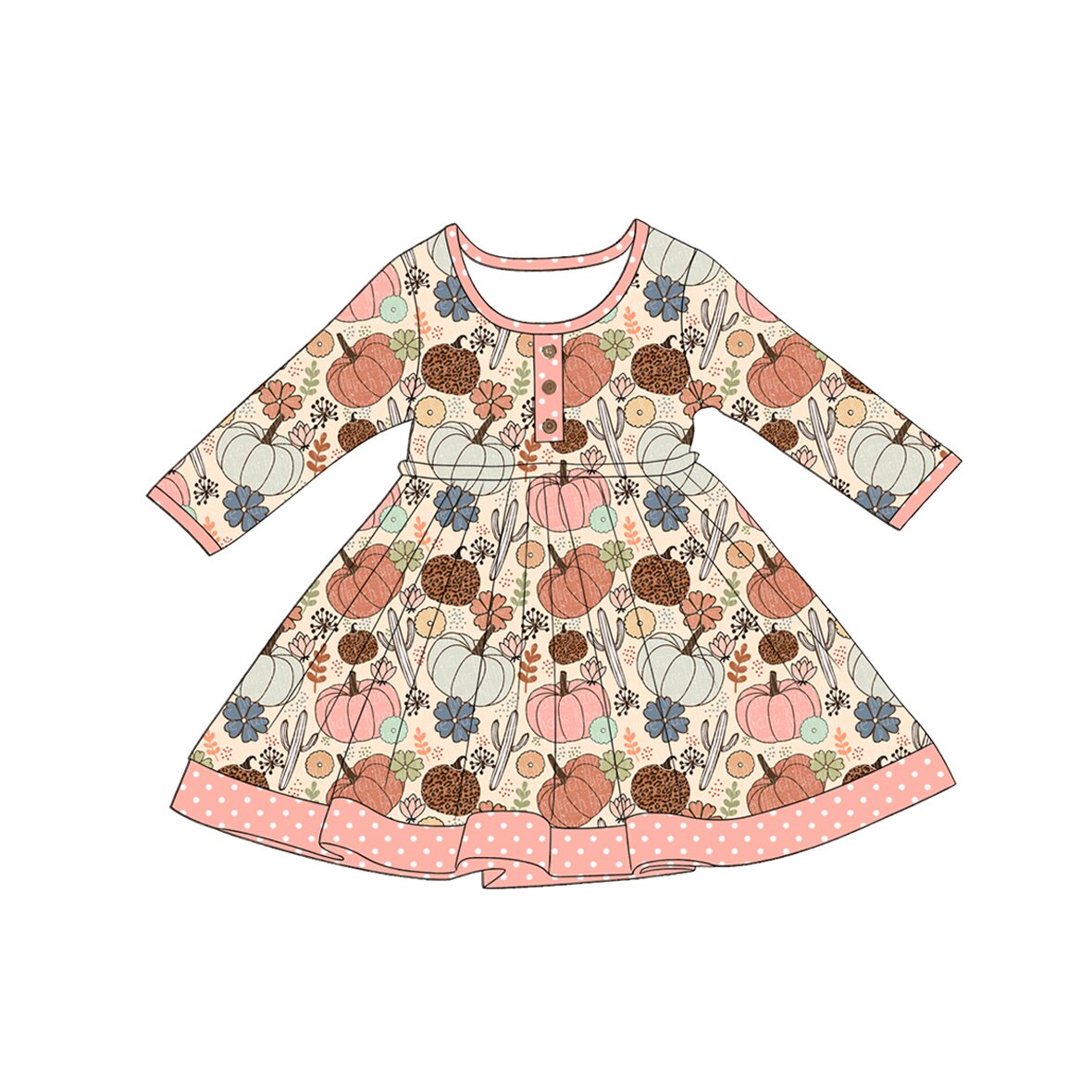Baby Girls Long Sleeve Cactus Pumpkins Button Fall Knee Length Dresses Preorder