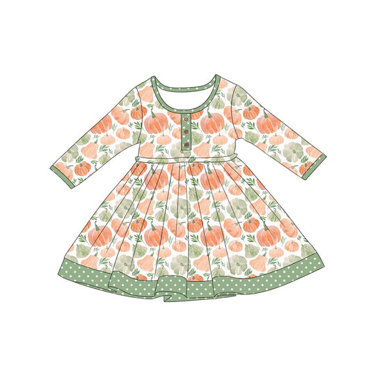 Baby Girls Long Sleeve Pumpkins Button Fall Knee Length Dresses Preorder
