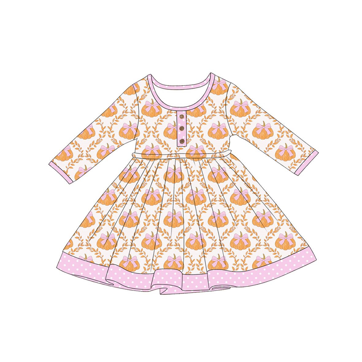 Baby Girls Long Sleeve Bows Pumpkins Button Fall Knee Length Dresses Preorder