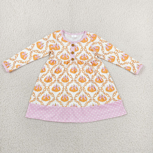 Sibling Baby Girls Bows Pumpkins Bats Flowers Halloween Fall Button Knee Length Dresses