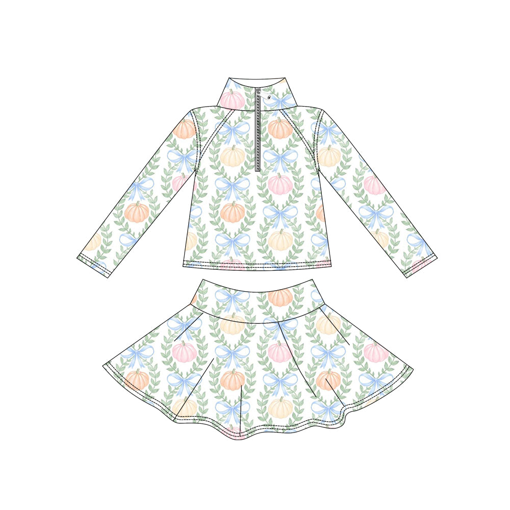 Baby Girls Colorful Pumpkins Bows Zip Pullover Skirt Short Fall Yoga Active Clothes Sets Preorder