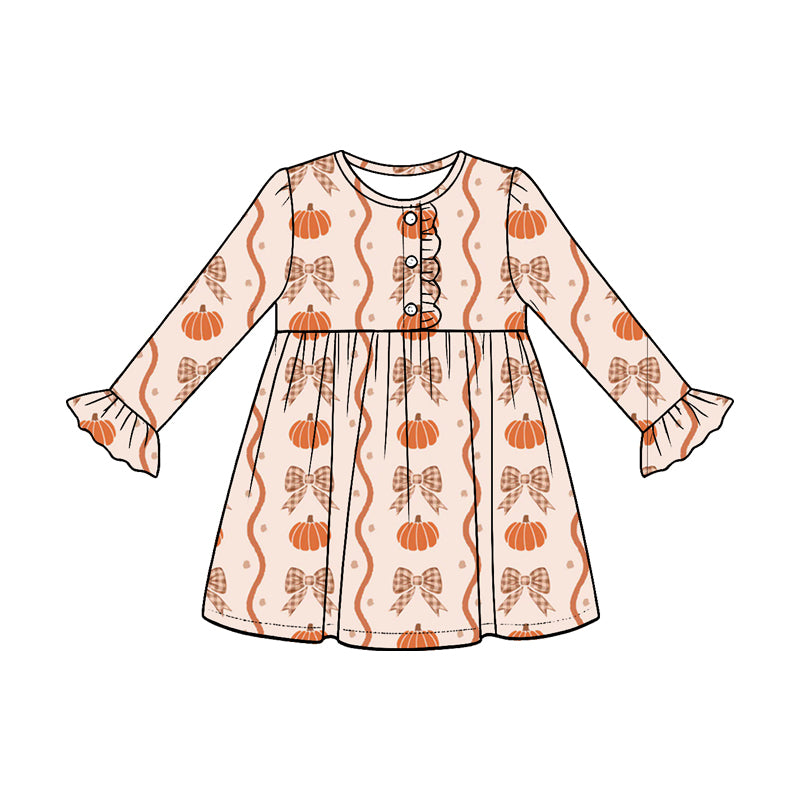 Baby Girls Bows Pumpkins Stripe Button Fall Knee Length Dresses Preorder