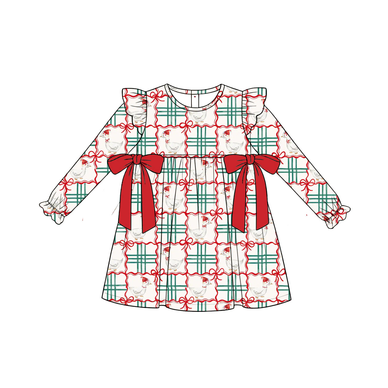 Baby Girls Long Ruffle Sleeve Bows Gooses Checked Fall Knee Length Dress Preorder