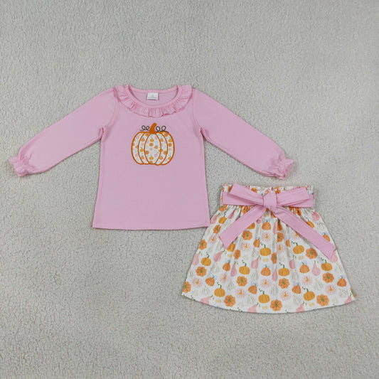 Sibling Baby Girls Embroidery Flower Pumpkins Top Bows Skirt Fall Clothes Set Scallop Tops