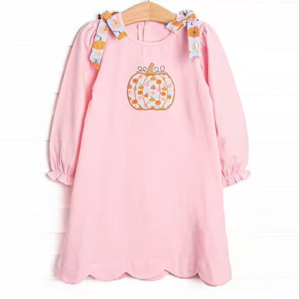 Preorder moq 5 Baby Girls Long Ruffle Sleeve Pumpkins Fall Scallop Knee Length Dresses