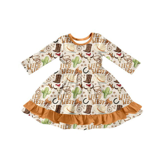 Preorder moq 5 Baby Girls Wild West Bull Skulls Cactus Western Ruffle Knee Length Dress