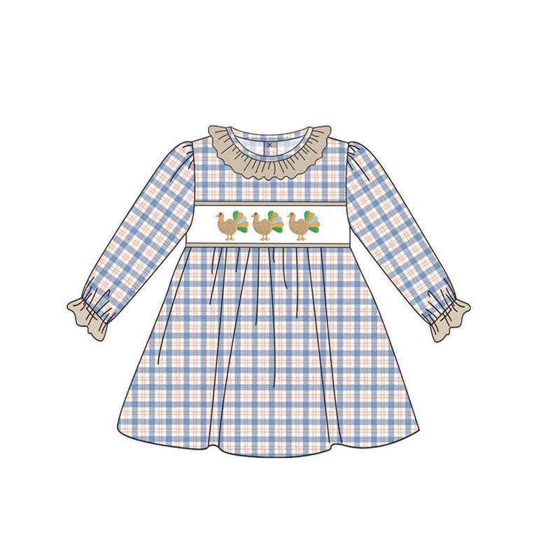 Preorder moq 5 Baby Girls Blue Checked Turkey Thanksgiving Knee Length Dress