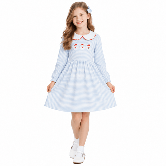 Embroidery Santa Baby Girls Blue Stripe Collar Christmas Knee Length Dress
