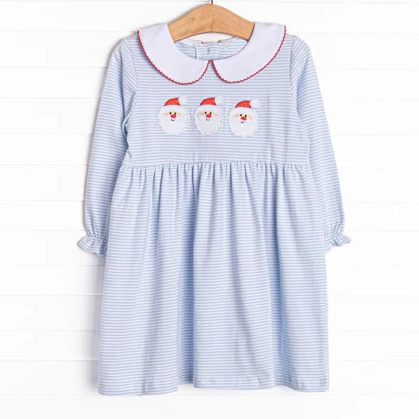 Preorder moq 5 Baby Girls Blue Stripe Santa Collar Christmas Knee Length Dress