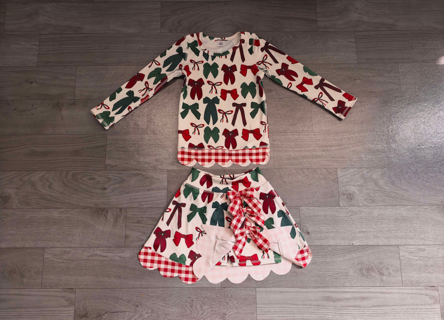 Baby Girls Green Red Bows Top Bows Skirt Short Christmas Yoga Active Scallop Clothes Set Preorder