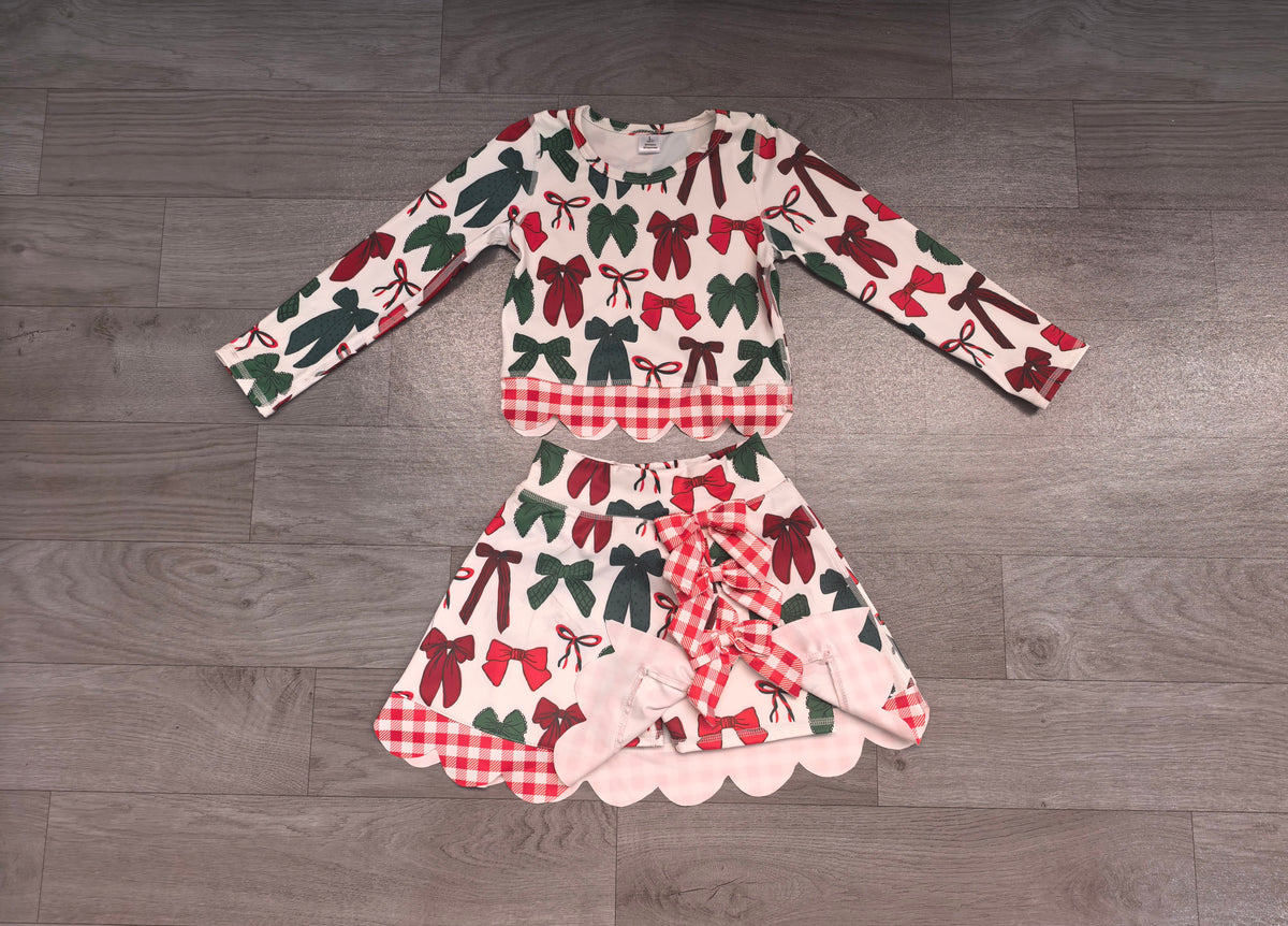 Baby Girls Green Red Bows Top Bows Skirt Short Christmas Yoga Active Scallop Clothes Set Preorder