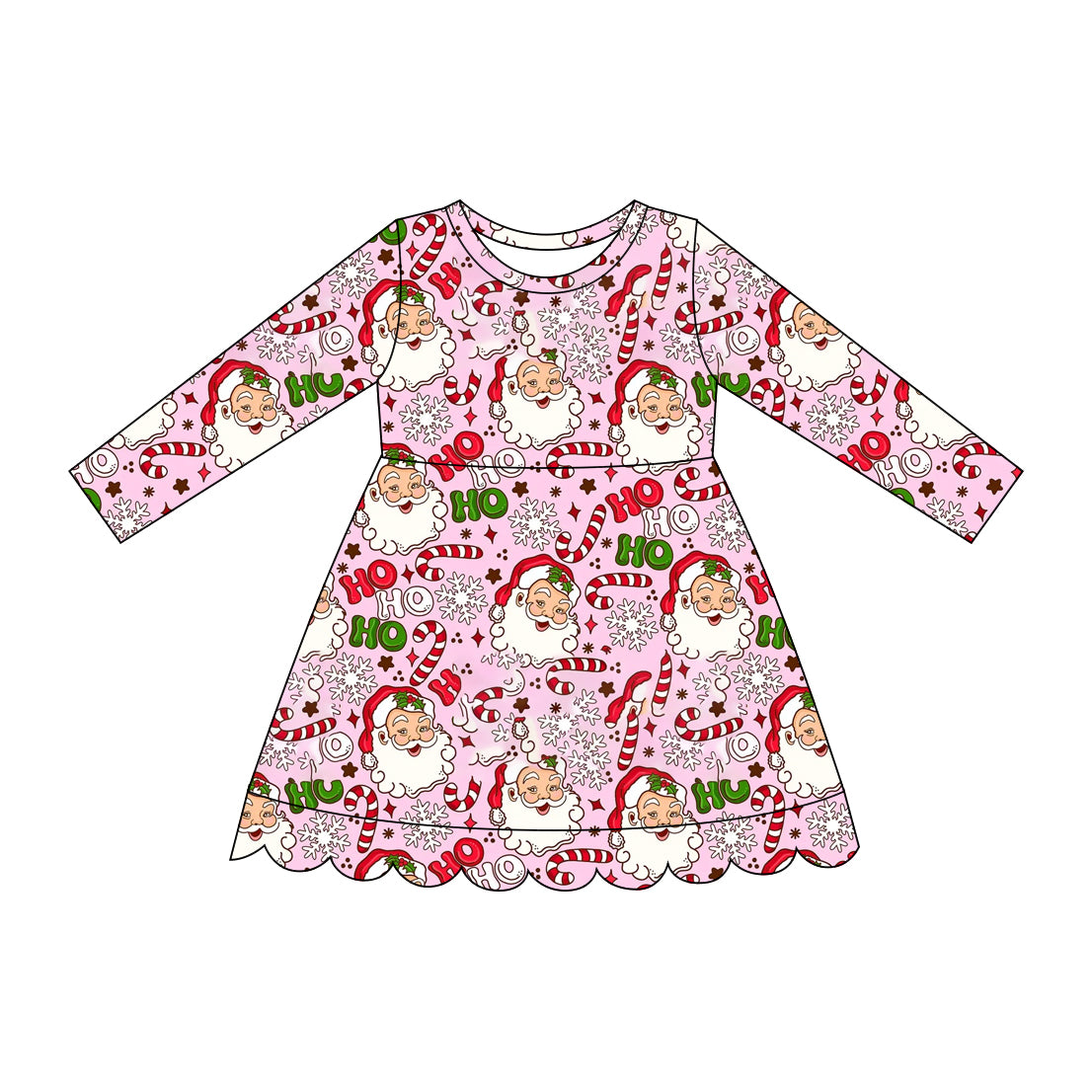 Preorder moq 5 Baby Girls Candy Cane Santa Christmas Scallop Knee Length Dress