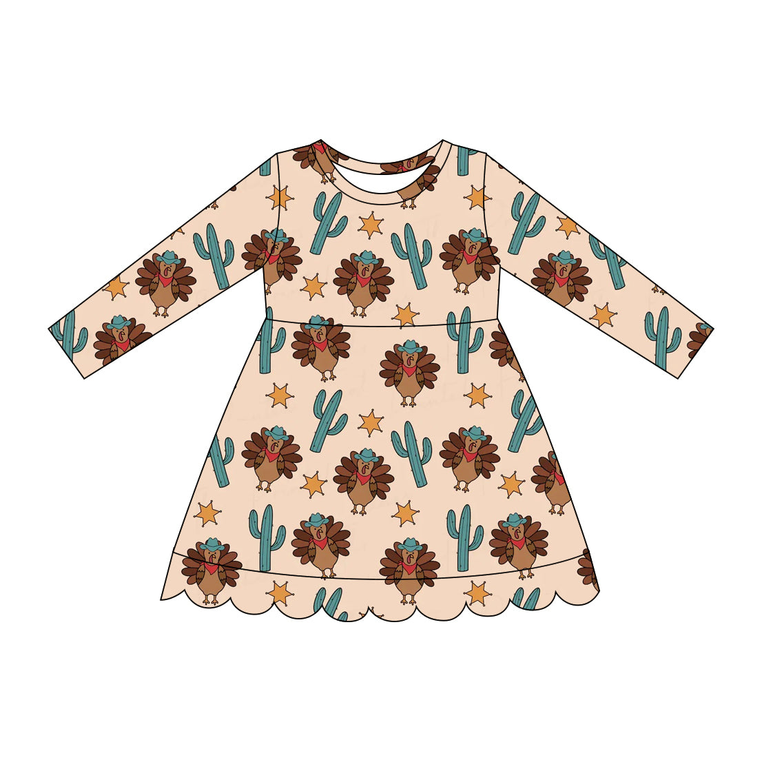 Preorder moq 5 Baby Girls Cactus Turkey Thanksgivings Scallop Knee Length Dress