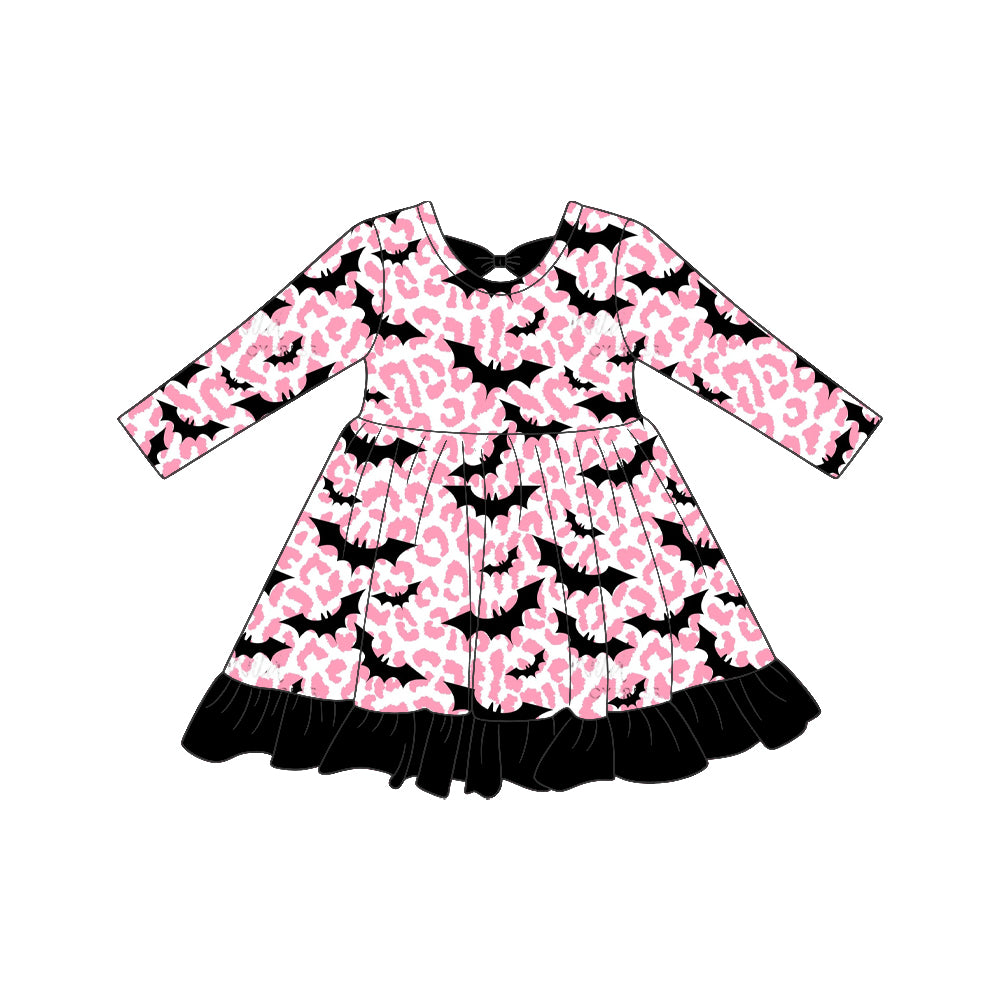 Preorder moq 5 Baby Girls Leopard Bats Halloween Ruffle Knee Length Dress
