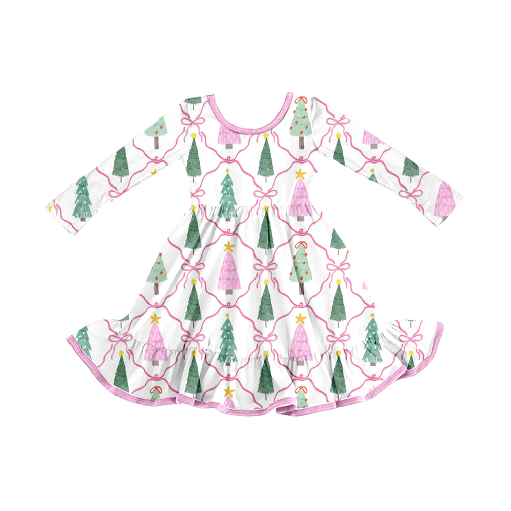Preorder moq 5 Baby Girls Bows Trees Checked Christmas Ruffle Knee Length Dress