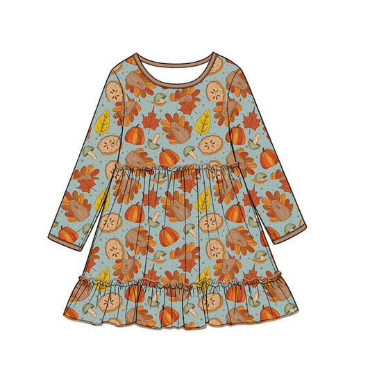 Baby Girls Pumpkins Turkey Thanksgivings Ruffle Knee Length Dress Preorder