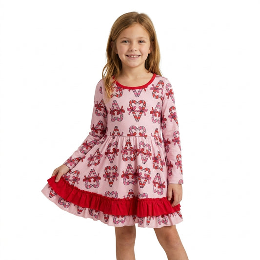 Baby Girls Bows Candy Cane Christmas Ruffle Knee Length Dress