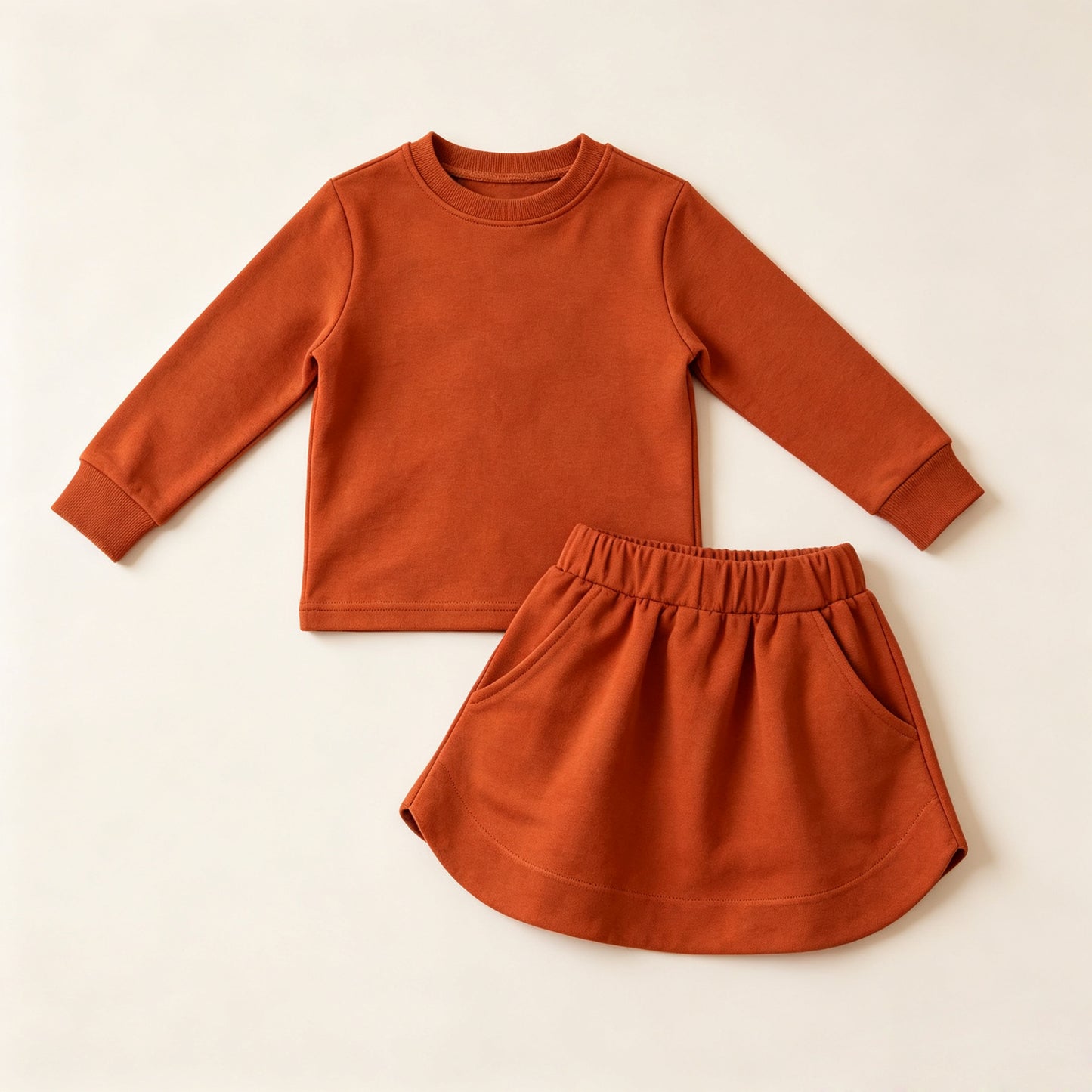 Preorder moq 5 Baby Girls Caramel Long Sleeve Top Pockets Skirt Short Clothes Sets
