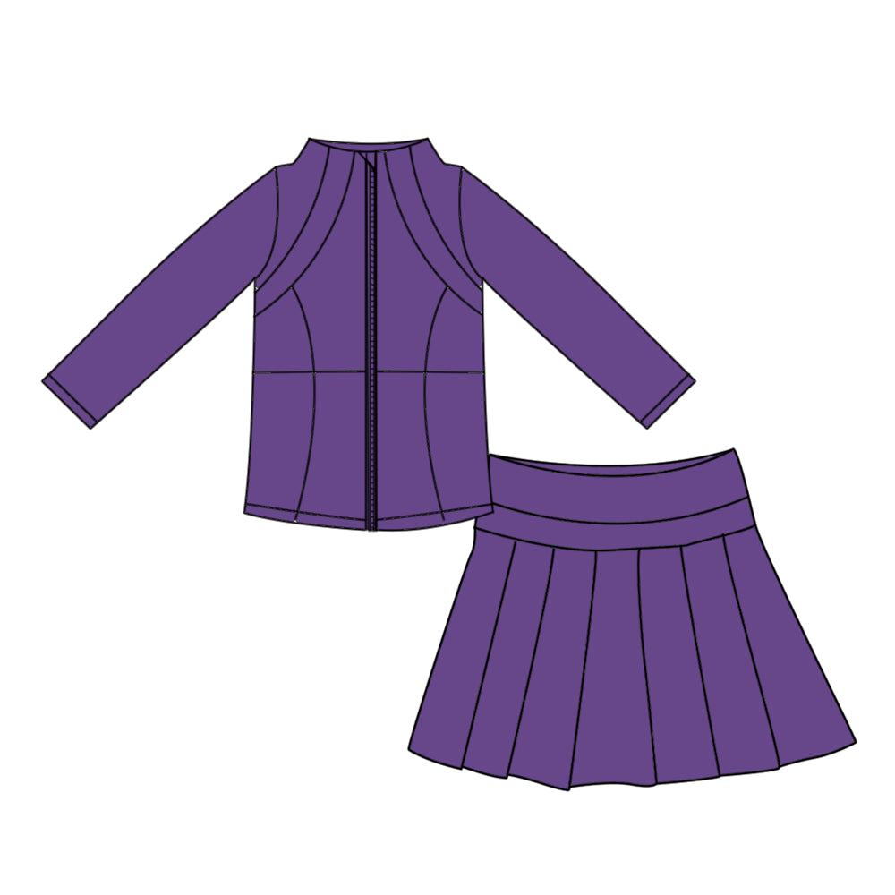 Preorder moq 5 Baby Girls Purple Zip Jacket Pleated Skirt Short Yoga Active Clothes Set