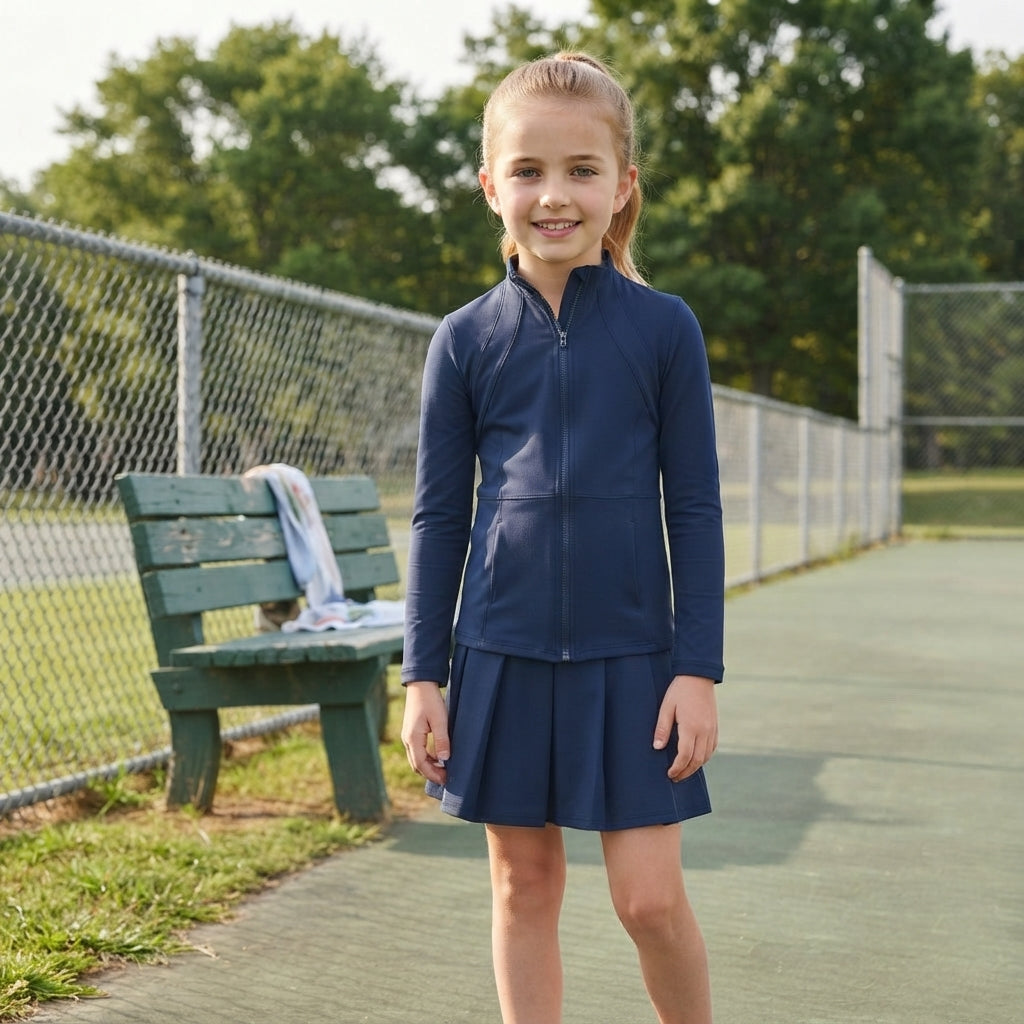 Baby Girls Navy Zip Pockets Jacket Top Pleated Skirt Short Yoga Active Clothes Set