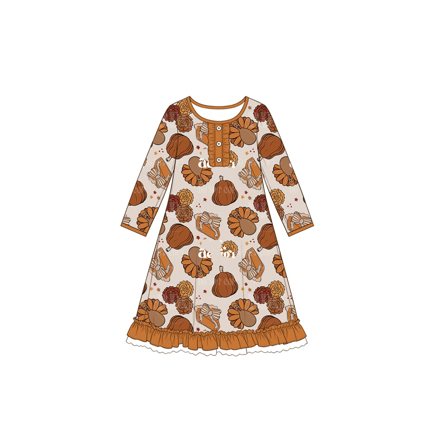 Preorder moq 5 Baby Girls Pumpkins Turkey Button Ruffle Thanksgivings Knee Length Dress
