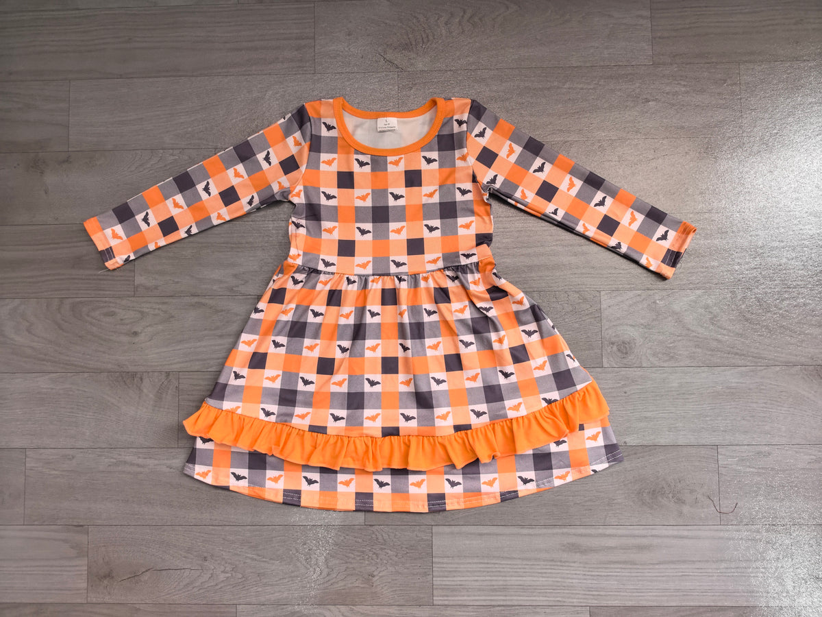 Baby Girls Bats Checked Ruffle Halloweens Knee Length Dress