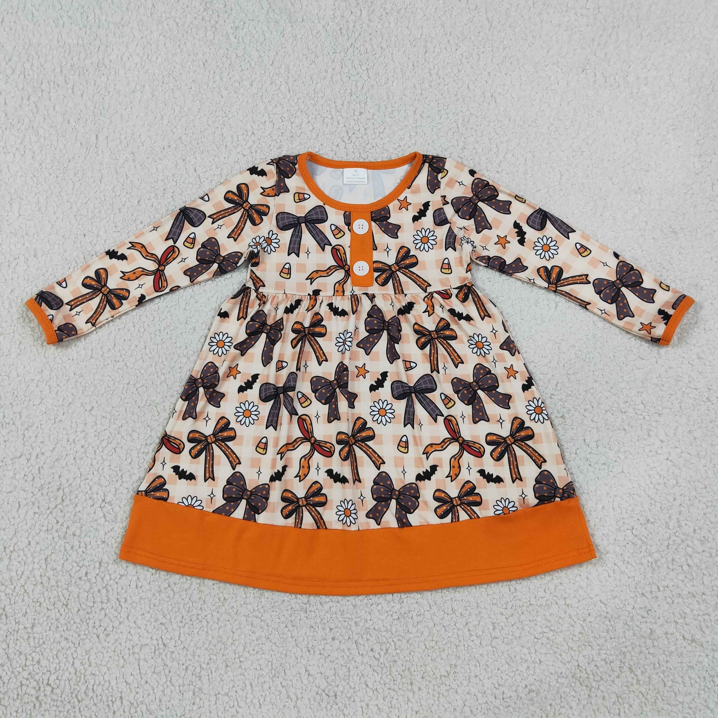 Sibling Baby Girls Bows Pumpkins Bats Flowers Halloween Fall Button Knee Length Dresses
